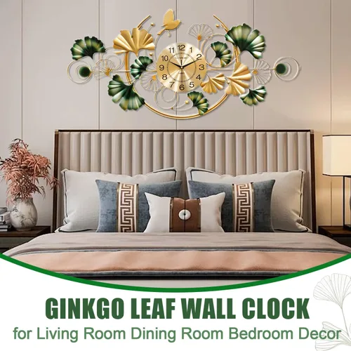 Miniatura 3 de Reloj de pared grande, reloj de pared decorativo de hoja de ginkgo único, decoración de pared de flor de metal dorado de lujo, reloj silencioso
