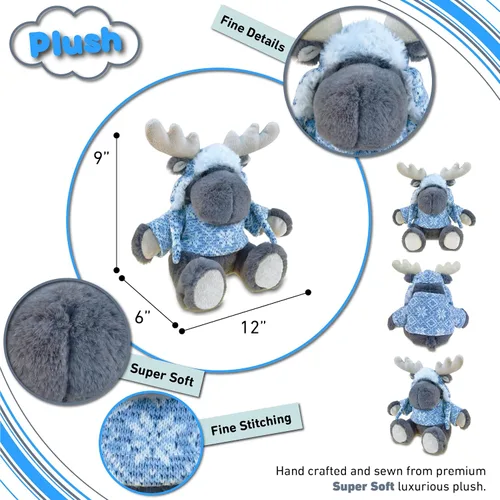 Miniatura 3 de DolliBu - Animal de peluche de alce – Suave peluche abrazable de alce gris con suéter y sombrero, adorable juguete de peluche, lindo regalo de vida
