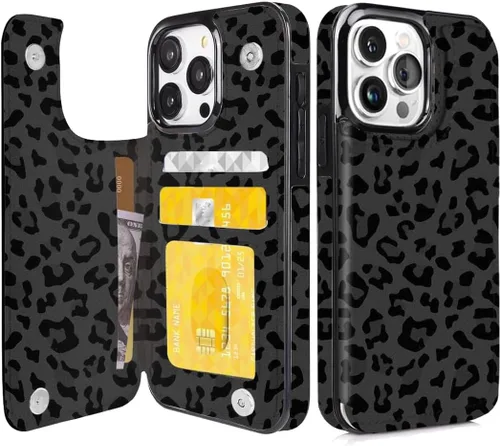 Miniatura 26 de Funda compatible con iPhone 14/15 con tarjetero y ranuras integradas de piel sintética con función atril y a prueba de golpes para iPhone 14/15