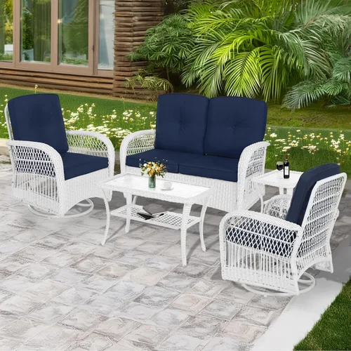 Miniatura 26 de MEETWARM Juego de 3 piezas de mimbre giratorio para patio al aire libre, mecedoras, juegos de muebles de patio de ratán con cojín grueso y mesa