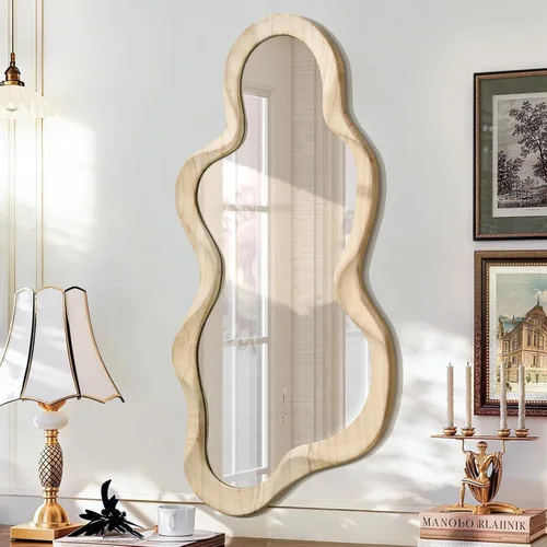 Miniatura 10 de Espejo asimétrico para decoración de pared, grande, moderno, ondulado, con marco de madera, espejo de pared con forma única montado en pared