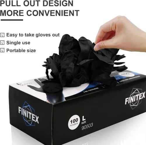 Miniatura 8 de FINITEX Guantes desechables de nitrilo negro para examen médico, 100/1000 unidades, 6.3 mil sin polvo, sin látex, guantes para alimentos Negro