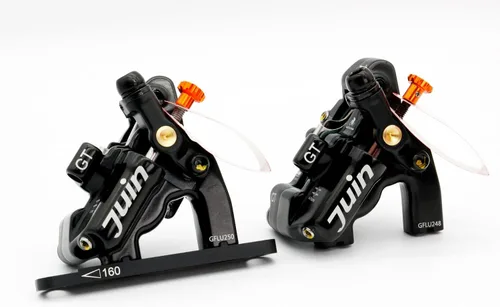 GT-F Juego de pinzas de freno de disco hidráulico accionado por cable de 4 pistones para bicicleta de bicicleta hidráulica para montaje plano de