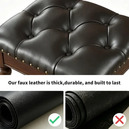 Miniatura 3 de Taburete de tocador blanco con asiento de cuero copetudo y patas de madera maciza talladas, banco de tocador de fácil montaje, taburete