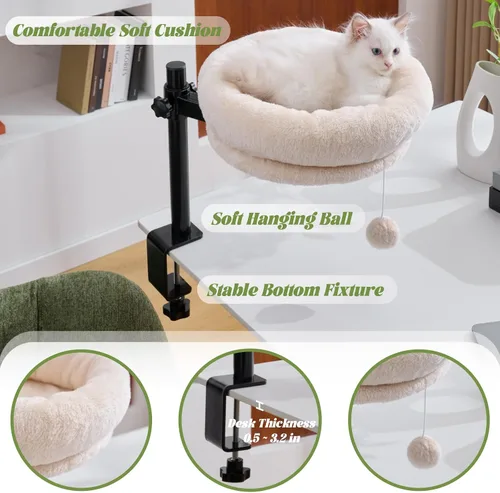 Miniatura 5 de BYBYME Cama de escritorio para gatos de interior, cama de gatito para escritorio soporta 44 libras, rotación de 360° y ajustable, escritorio nido