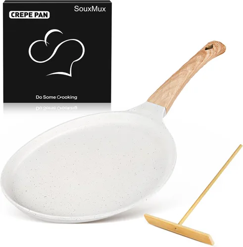Miniatura 11 de SouxMux Sartén antiadherente para crepas de 8 pulgadas con esparcidor, sartén Dosa Tawa recubierta de cerámica, sartén plana compatible con Blanco