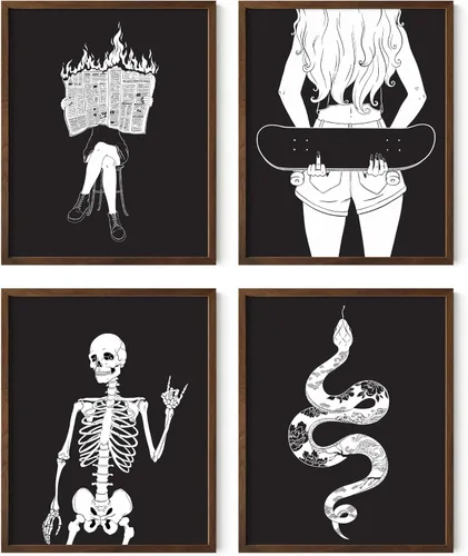 Miniatura 10 de HAUS AND HUES Decoración gótica de pared, juego de 4 impresiones de Halloween, arte de pared de terror y esqueleto, obra de arte espeluznante