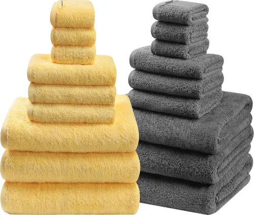 Miniatura 27 de SEMAXE - Juego de toallas de baño amarillas, 2 toallas de baño de lujo, 2 toallas de mano, 4 toallas faciales 100% algodón con bucles para colgar