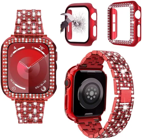 Miniatura 9 de compatible con Apple Watch de 1.496 pulgadas 1.575 pulgadas 1.654 pulgadas 1.732 pulgadas con funda para mujer, correa de metal con diamante