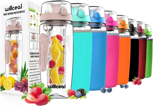 Miniatura 10 de Botella de agua con infusor de frutas de 32 onzas, duradera, grande, sin BPA, Tritan con tapa abatible, diseño a prueba de fugas, deportes, camping