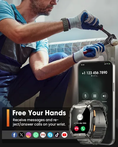 Miniatura 7 de Relojes inteligentes para hombres, reloj de fitness de 1.95 pulgadas: reloj inteligente militar con 100 días de duración de la Negro y acero