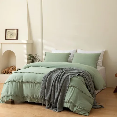 Miniatura 9 de INFLAG Funda de edredón de tamaño individual con pompones, juego de ropa de cama de microfibra bohemia de 3 piezas, 1 funda de edredón de 66 x 90