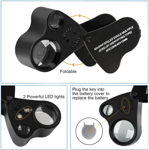 Miniatura 4 de HMKIS Lupa Jewelers, paquete de 2 lupas con luz, 30 x 60 x 90 x 20 aumentos de bucle con 20 baterías de respaldo para monedas, diamantes, gemas