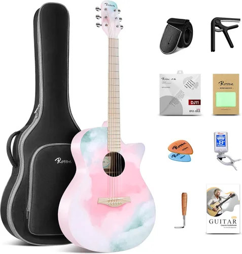 Miniatura 14 de Rosen Guitarra acústica Dreadnought de tapa sólida de 104 cm con abeto, para principiantes, con libro, bolsa acolchada, cuerdas, púas, llave Azul