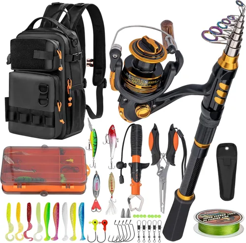 THKFISH Combo de caña de pescar y carrete con mochila, kit de carrete giratorio de caña de pescar telescópica con señuelos de pesca, alicates y Kit