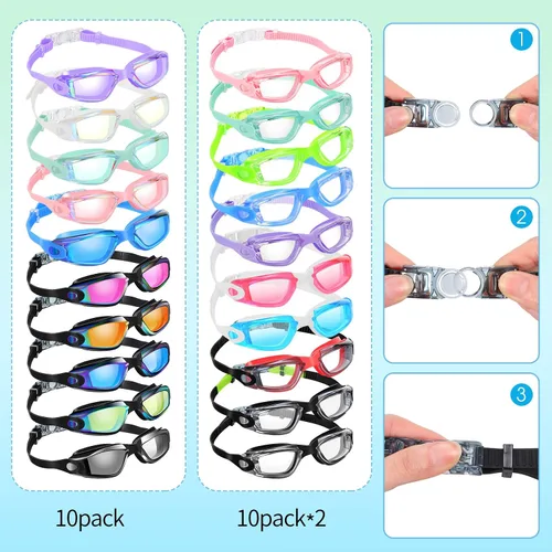 Miniatura 7 de Yexiya 30 pares de gafas de natación con clip nasal y tapones para los oídos, antiniebla, protección UV, sin fugas, visión amplia de verano