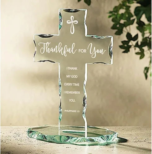 Miniatura 2 de Christian Brands - Cruz de pie de cristal con grabado láser Thankful for You, 7.13 pulgadas