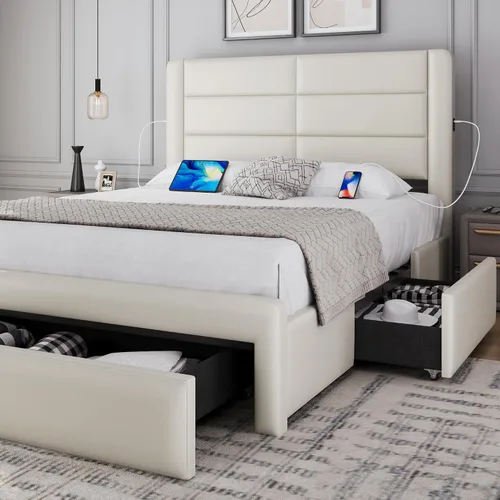 Miniatura 14 de Yaheetech Marco de cama tamaño completo con 2 estaciones de carga USB/puerto para tipo A y tipo C/3 cajones de almacenamiento, cama plataforma