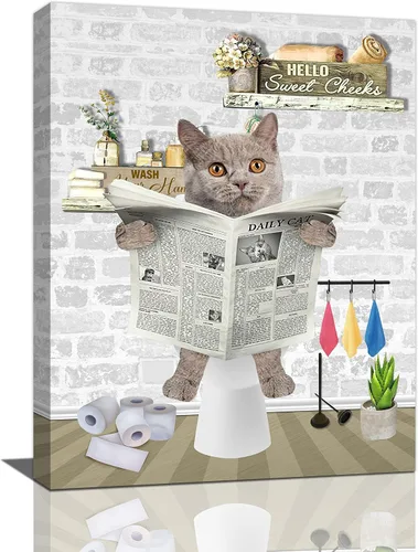 Miniatura 7 de Fuzawet Arte de pared de oso para decoración de baño, lienzo de lectura de periódico, negro en el inodoro, imágenes divertidas de animales