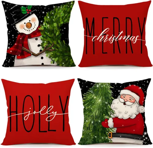 Miniatura 10 de 4TH Emotion Fundas de Almohada Rojas de Navidad 16x16 pulgadas Juego de 4 Decoraciones Estilo Granja Muñeco de Nieve Corona Santa Claus Árbol Feliz