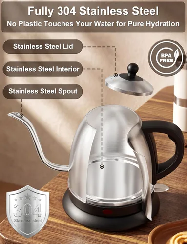 Miniatura 3 de Stariver Hervidor eléctrico de cuello de cisne, hervidor de agua de 1 litro, sin BPA, para verter sobre tetera de acero inoxidable para café y té