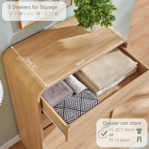 Miniatura 4 de Aitjunz Cómoda moderna de 5 cajones para dormitorio, 114 cm de altura con diseño de perfil curvo, cómoda vertical de madera estilo mediados de siglo