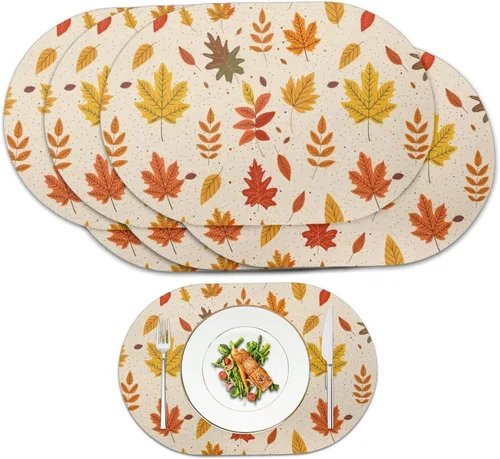 Miniatura 43 de Non Slip Placemats Set of 6 Pumpkin Mushroom Theme Waterproof Wipeable Faux Leather for Thanksgiving Family Feast Heat Resistant Dining Table Mats