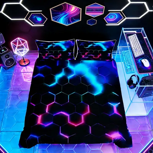 Miniatura 15 de Juego de funda de edredón para niños con diseño de gato lindo, tamaño individual, juego de ropa de cama con hojas de flores, luna, noche y cielo