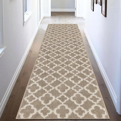 U'Artlines Alfombra de pasillo larga para pasillo de 2 x 8 pies, antideslizante, alfombra de piso de cocina, patrón geométrico beige, lavable a
