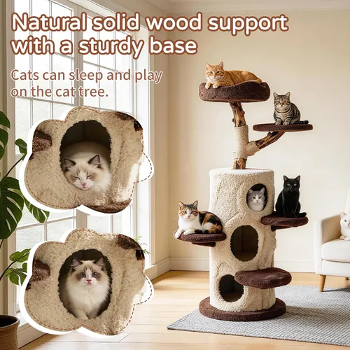 Miniatura 3 de RPZ Árbol para gatos de madera maciza de lujo de 54.7 pulgadas para gatos pequeños a medianos, poste rascador de madera natural con rama real