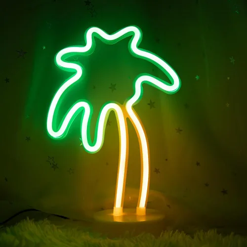 ENUOLI Letreros de neón de palmera de coco LED con batería, alimentados por USB, luz de neón con base de soporte para suministros de fiesta, Árbol