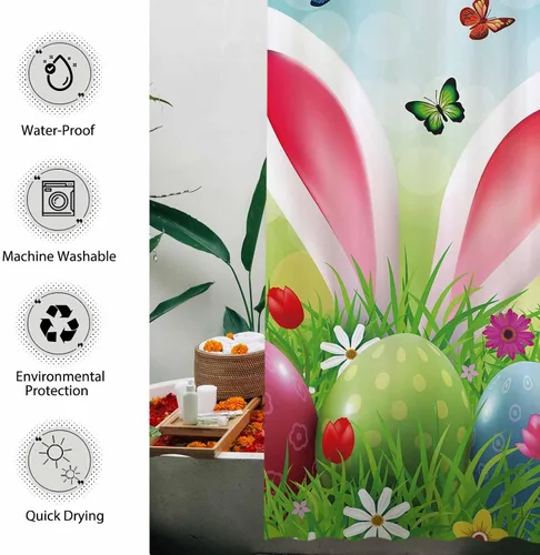 Miniatura 4 de Allenjoy Cortina de ducha de Pascua de 72 x 72 pulgadas, diseño de orejas de conejo divertidas de dibujos animados, jardín de primavera, huevos
