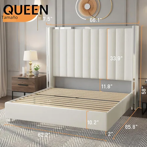 Miniatura 2 de Jocisland Base de cama tamaño Queen con cabecero de 58 pulgadas de alto, cama tapizada de terciopelo con plataforma con cabecera con alas capitoné