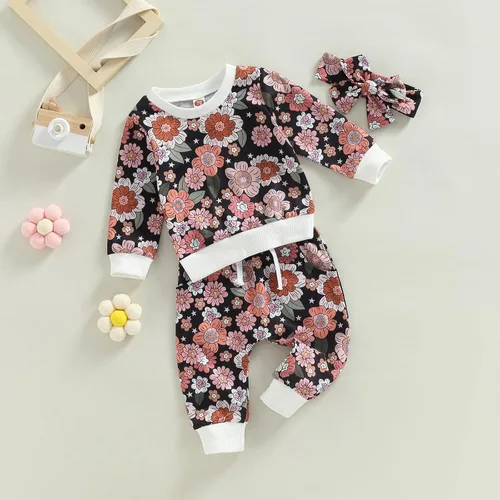 Miniatura 43 de Mandizy Conjunto de ropa de bebé niña otoño 3 6 9 12 18 24 meses sudadera de manga larga y pantalones con estampado floral y diadema
