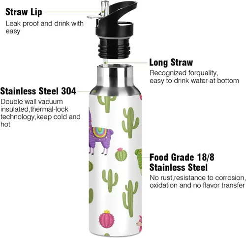 Miniatura 3 de Insulated Stainless Steel Water Bottle with Straw 20 Oz, Leakproof Water Bottles for Gym Outdoor Travel School, Colorful Llamas Cactus Cute