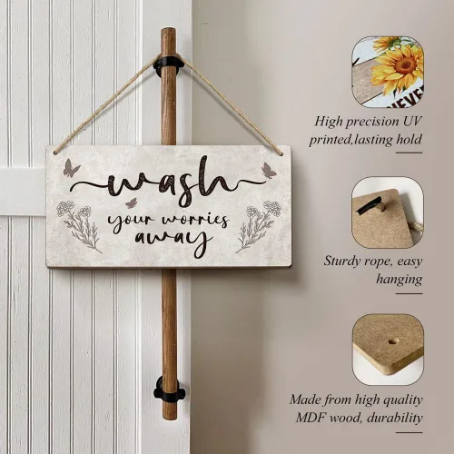 Miniatura 2 de Heuhuww Decoración de Pared de Baño - Letrero "Lava Tus Preocupaciones" 15x30 cm, Letreros Inspiracionales para Tina, Baño, Lavandería, Polvo