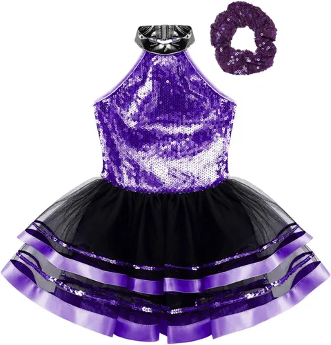 Miniatura 78 de CHICTRY Vestido tutú de ballet con lentejuelas brillantes para niñas y niñas, moderno disfraz de baile latino de jazz
