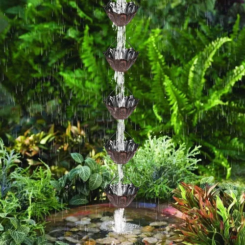 Miniatura 2 de Vindar Cadena de lluvia, cadena de lluvia de 8.5 pies para canalones, MG4591 (color bronce rojo) colector de lluvia para bajante con adaptador, 10