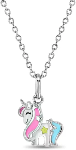 Collar con colgante de estrella de unicornio esmaltado multicolor mágico de plata de ley 925 para niñas pequeñas de 16 pulgadas Encantador colgante
