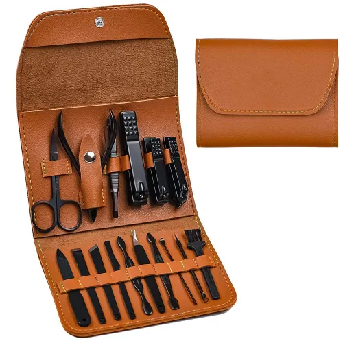 Miniatura 9 de Juego de manicura, cortaúñas, kit de pedicura, kit de aseo profesional 16 en 1, acero inoxidable, tijeras para uñas de los pies con lujosa funda