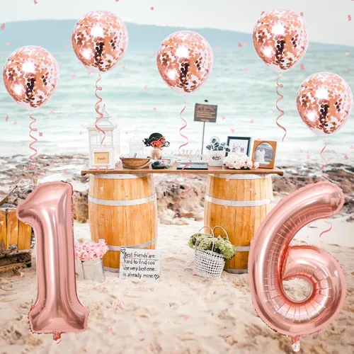 Miniatura 7 de Globos de cumpleaños número 16 para niñas, globos autoinflables de papel de aluminio de 40 pulgadas número 16 con globos de confeti de oro rosa, Oro