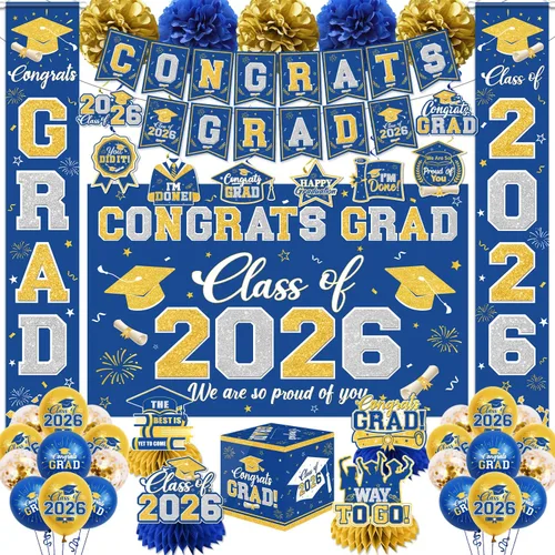 Decoraciones de graduación de la clase de 2026, decoraciones de graduación azul y dorado con pancarta de felicitaciones, telón de fondo, letrero de