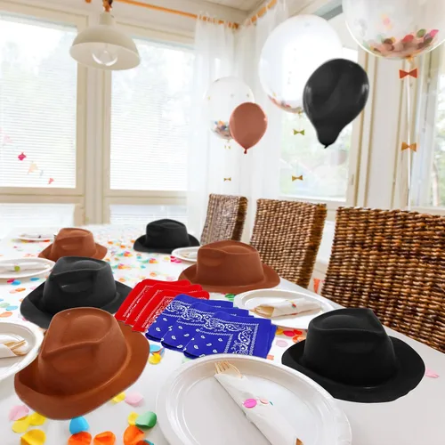 Miniatura 7 de Hillban 72 piezas de sombrero de vaquero occidental y set de bandana de paisley para niños, sombreros de fiesta de vaquero de fieltro para marrón