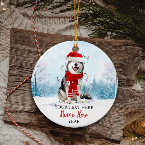Miniatura 5 de Adorno de cerámica de Alaska Malamute de Feliz Navidad, decoración personalizada de Papá Noel, perro de Alaska Malamute nombre de perro, decoración