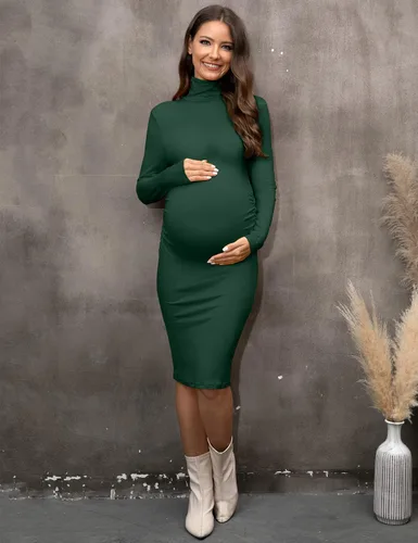 Miniatura 4 de abkylie Vestido de maternidad de manga larga de cuello alto con fruncido laterallongitud a la rodilla, vestido de embarazo para otoño sesión