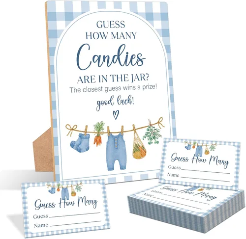 Blue Locally Grown Guess How Many Candies Are In The Jar Game, Pack of 1 Wooden Tabletop Sign with Stand and 50 Guessing Cards, Farmers Market Baby