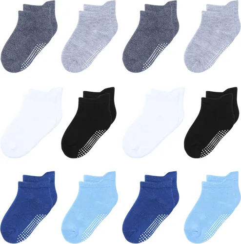 Miniatura 15 de 12 paquetes de calcetines antideslizantes para niños y bebés con agarres, 1-7 años, calcetines de algodón para tobillo para niños y niñas