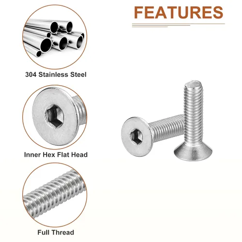 Miniatura 4 de DTGN Tornillos de cabeza plana M5-0.031 x 0.787 in, paquete de 50 tornillos de cabeza plana de acero inoxidable 304, rosca completa, pernos