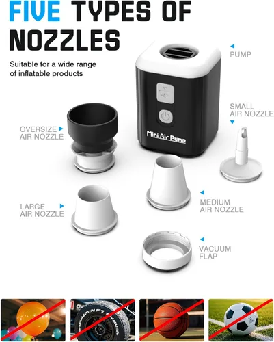 Miniatura 5 de Mini bomba de aire, bomba recargable portátil con batería de 1600 mAh, 5 boquillas, luz de campamento, inflado/desinflado rápido para inflables