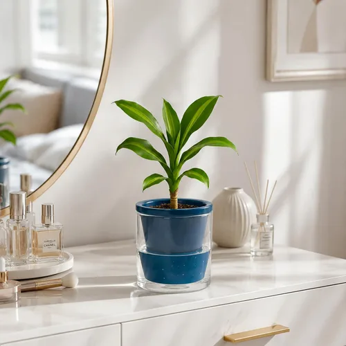 Miniatura 6 de D'vine Dev Maceta de Diseño de Riego Automático de 4 Pulgadas para Plantas de Interior, Maceta de Terracota Azul con Vaso Cilíndrico de Vidrio